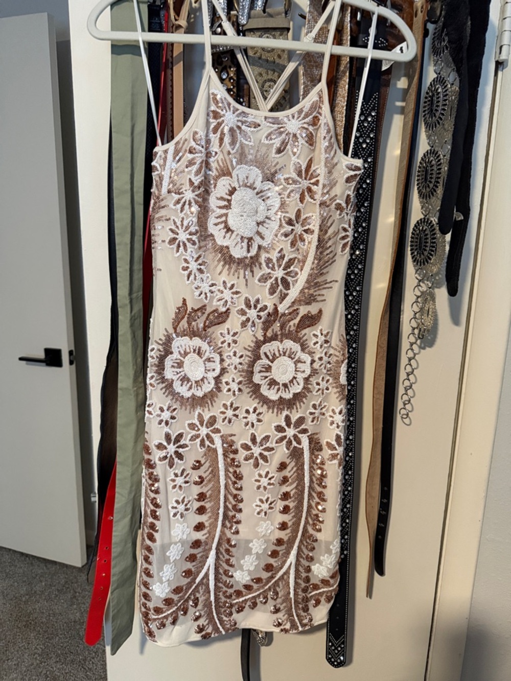 Fashion Nova Ivory and Bronze Embroidered Mini Dress